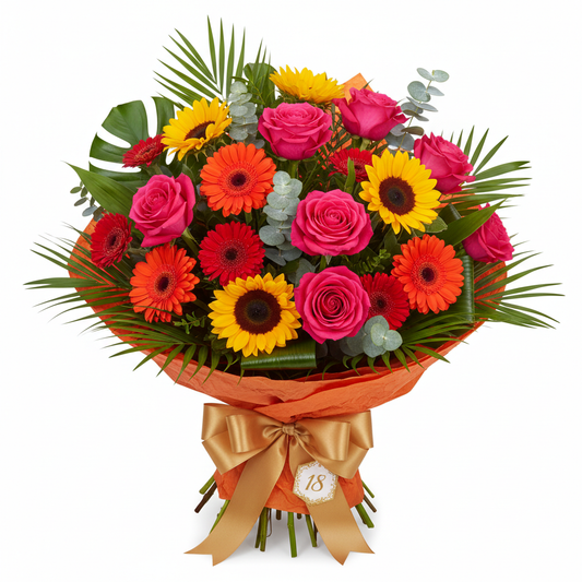 18th Birthday Bouquet with hot pink roses, sunflowers and orange gerberas