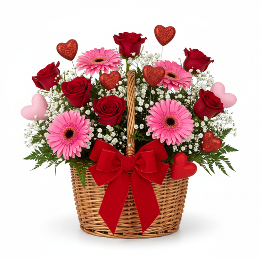 Valentine's Sweetheart Basket with red roses, pink gerberas and gypsophila