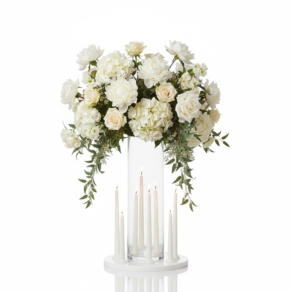 Wedding Table Centrepiece with white peonies and hydrangeas in a glass vase
