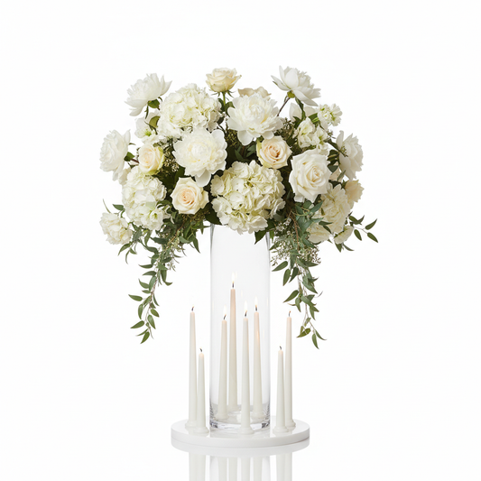 Wedding Table Centrepiece with white peonies and hydrangeas in a glass vase
