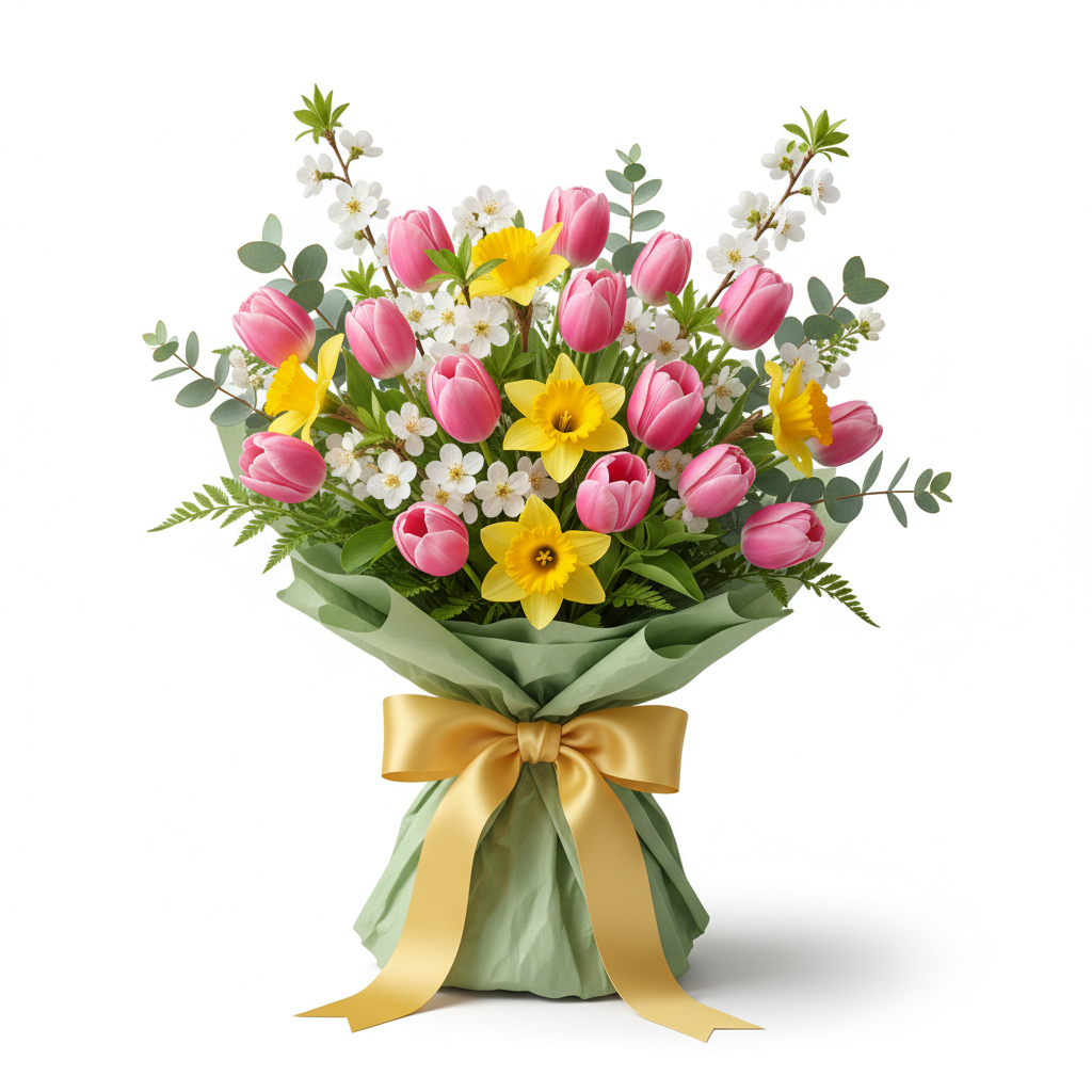 Spring Garden Bouquet with pink tulips and yellow daffodils