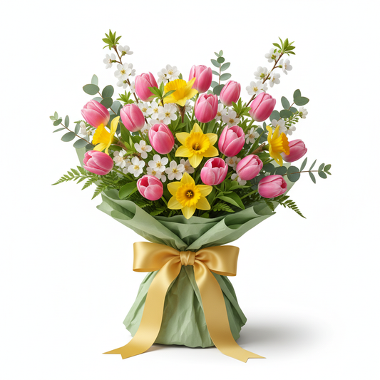 Spring Garden Bouquet with pink tulips and yellow daffodils