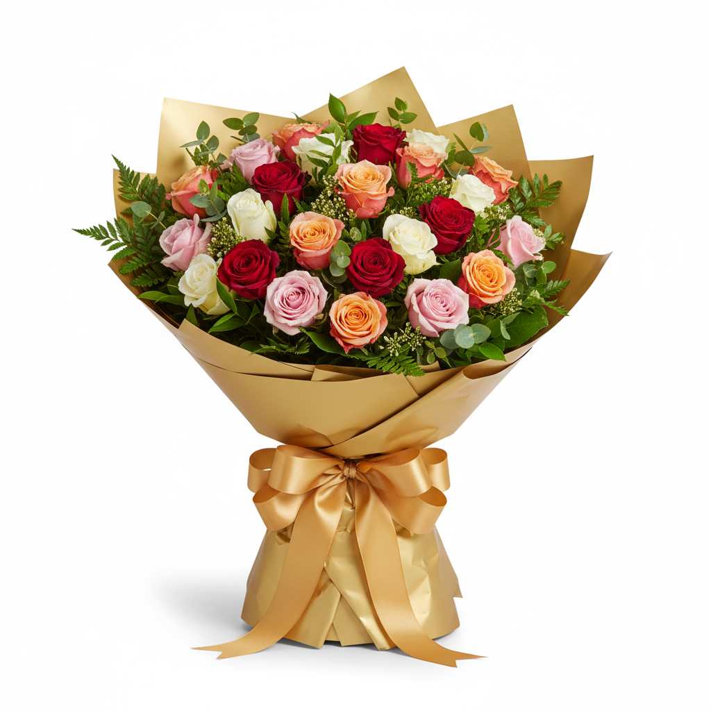 50th Birthday Bouquet with 50 mixed roses in gold tissue