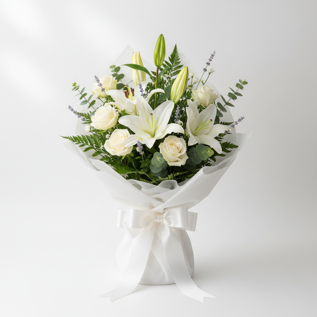 Funeral Tribute Bouquet with white lilies, roses and lavender