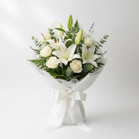 Funeral Tribute Bouquet with white lilies, roses and lavender