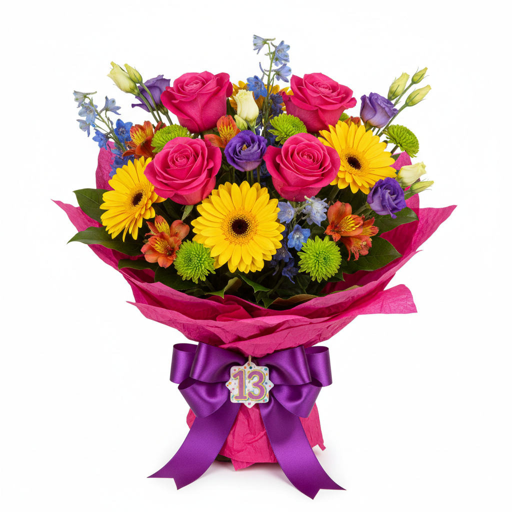 13th Birthday Bouquet with bright pink roses and yellow gerberas