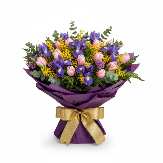 Mother's Day Purple and Gold Bouquet with irises and tulips