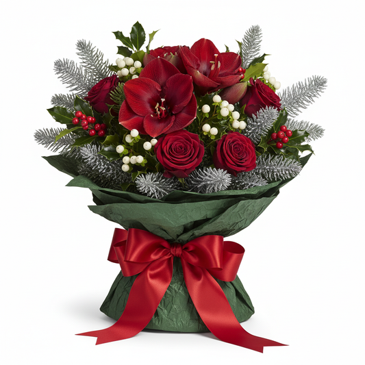 Winter Jewel Bouquet with red amaryllis and dark green holly