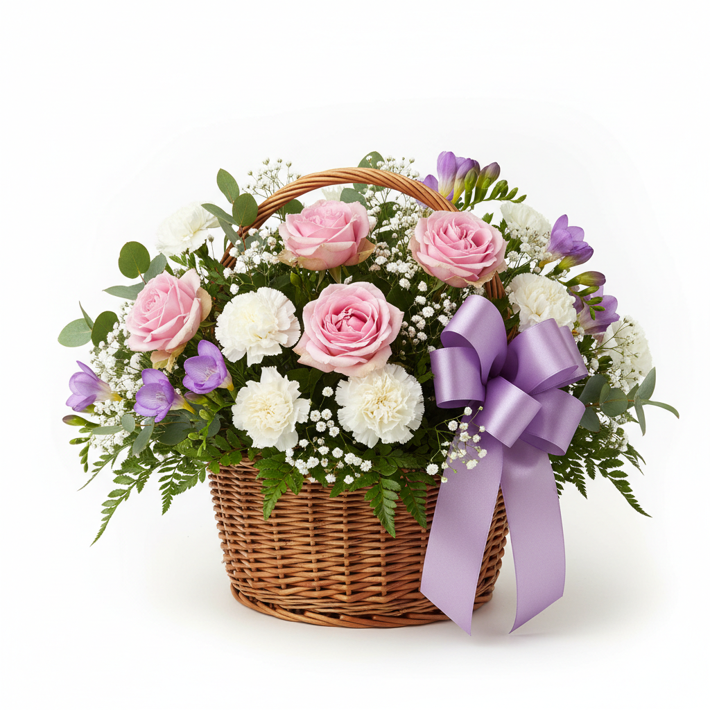 Spring Garden Basket with pink roses, freesias, carnations and baby's breath in a brown wicker basket