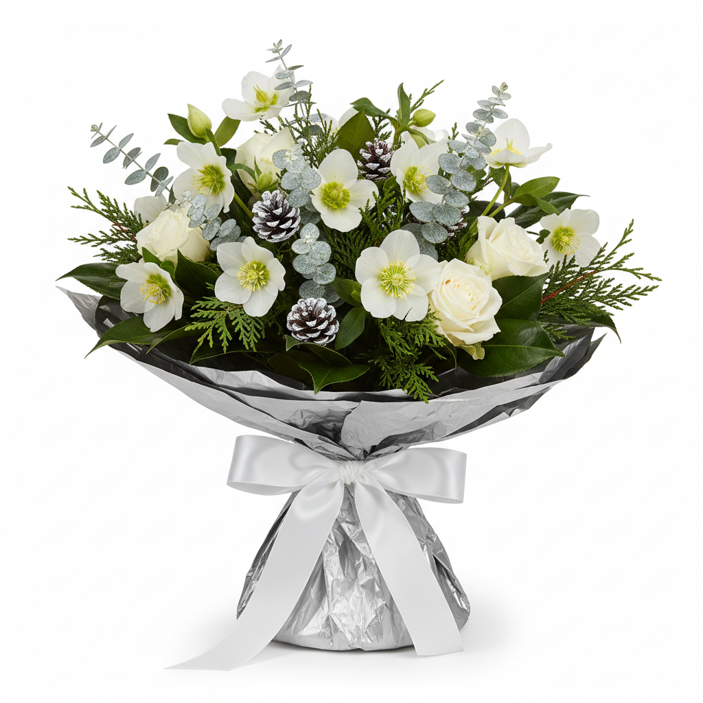 Winter Frost Bouquet with white hellebores and silver eucalyptus