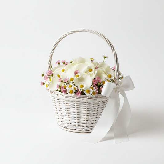 Flower Girl Basket with white rose petals and daisies
