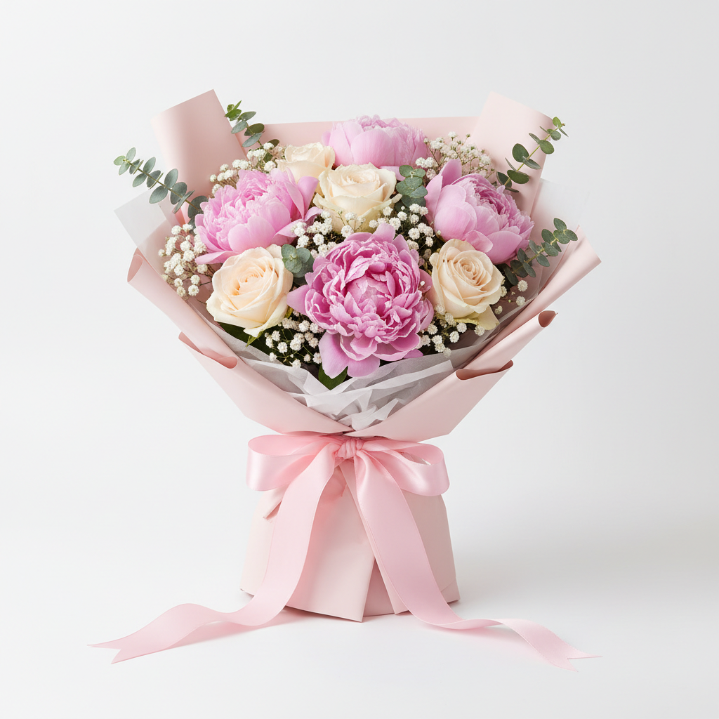 Mother's Day Peony Bouquet with pink peonies and blush roses