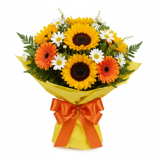 Sunshine New Baby Bouquet with sunflowers, daisies and gerberas