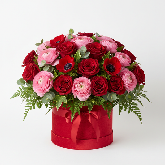 Valentine's Luxury Rose Hatbox with red roses and ranunculus