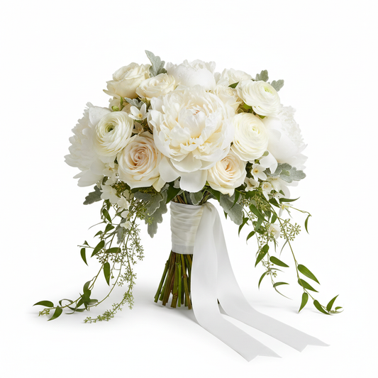 Bridal Bouquet with white peonies, ivory roses and eucalyptus