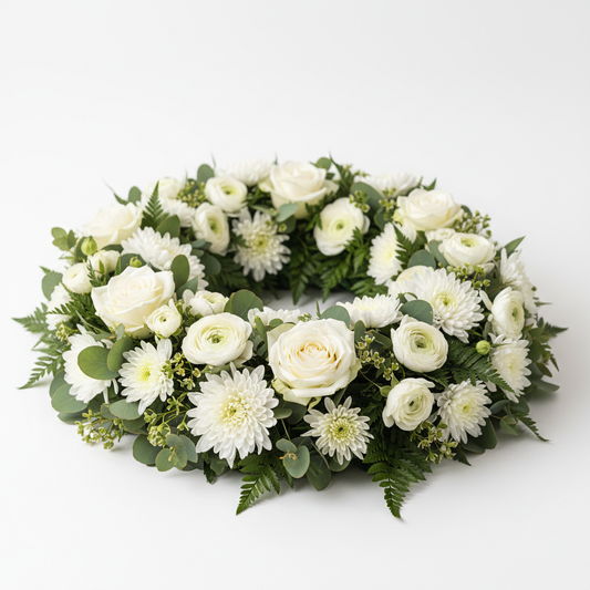 Classic White Funeral Wreath with chrysanthemums and roses