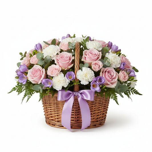 Mother's Day Pastel Flower Basket with pink roses and purple freesias