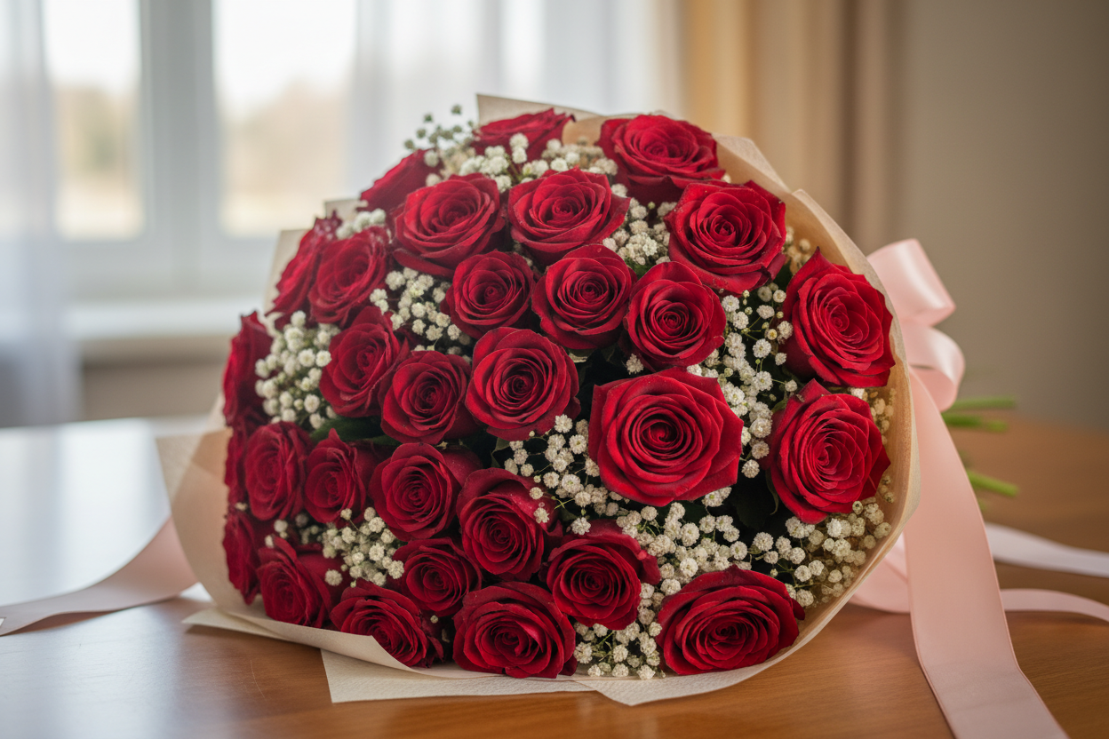 Red Roses and Baby's Breath Bouquet